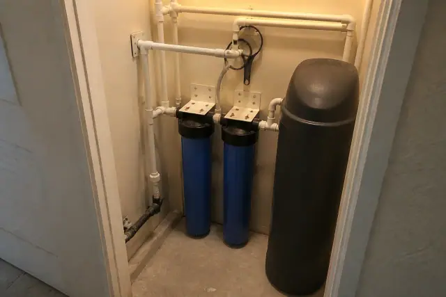 Water softener and sediment filtration system installed in a tight mechanical closet in Gilbert, AZ.