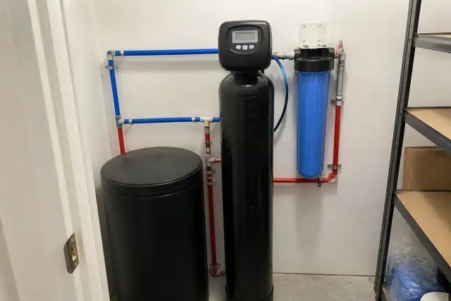 Water softener and sediment filter installation in a utility closet in Avondale, AZ.