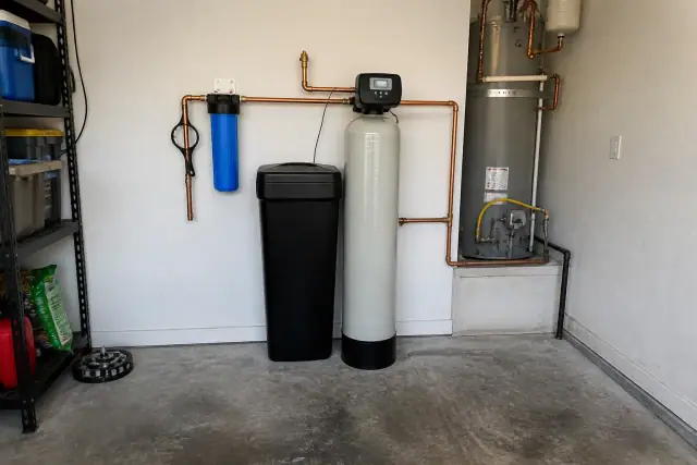 Water softener and sediment filter system installed in a garage in Surprise, AZ.