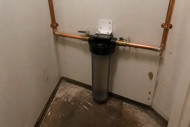 Spin-down sediment filter installed on copper piping in a utility closet in Tempe, AZ.