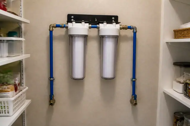 Sediment water filtration system with blue pipes installed on a pantry wall in a home in Tempe, AZ.