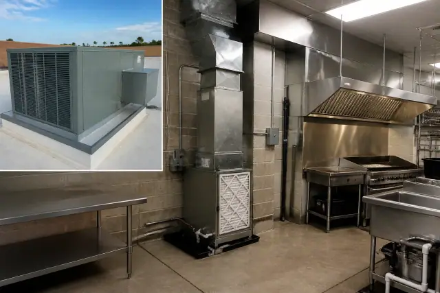 Commercial HVAC system after maintenance in a restaurant utility area in Tempe, AZ.