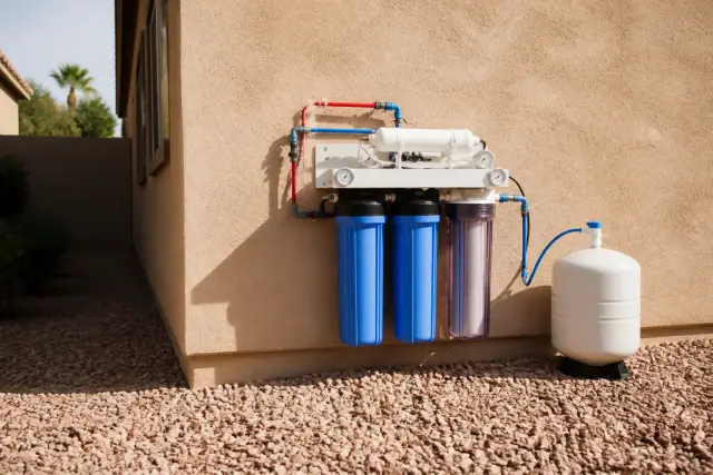 Reverse osmosis water filtration system installed on a stucco home exterior in Tempe, AZ.