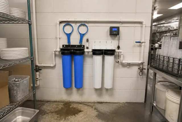 Water filtration system with PVC piping and a digital monitor installed in a Tempe, AZ restaurant utility room.