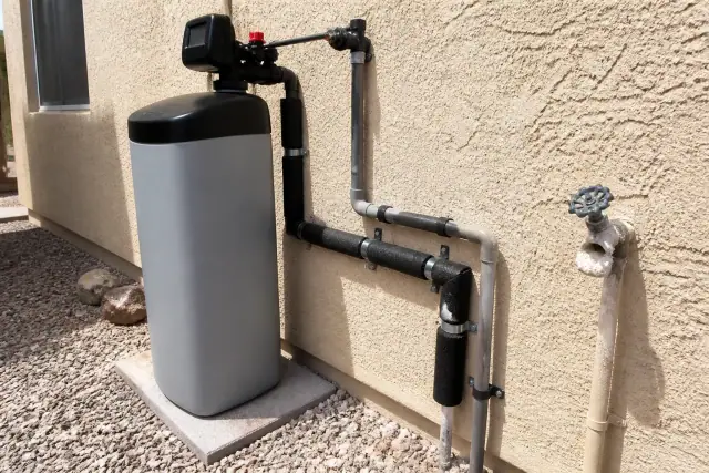 Water softener unit installed on the side of a stucco house with visible plumbing in Tempe, AZ.