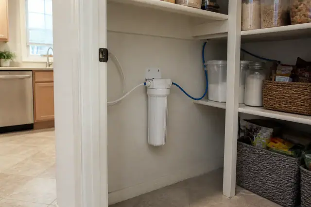New water filter housing and tubing installed under a sink in a residential pantry in Tempe, AZ.