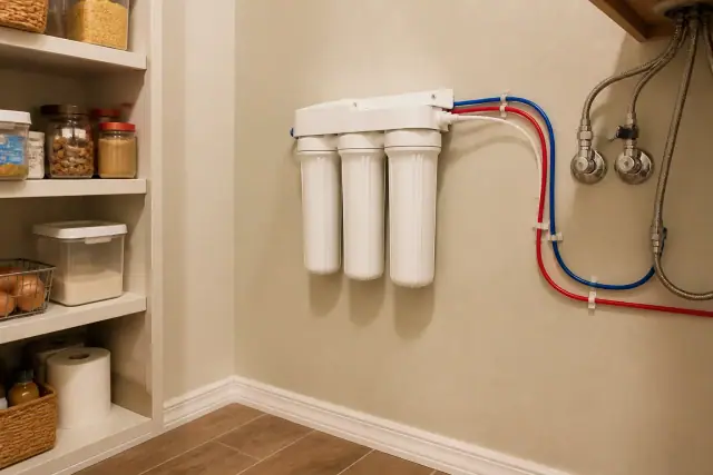 Under-sink water filtration system installed in a pantry in Surprise, AZ.