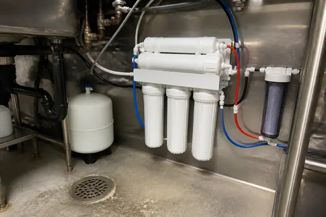 Under-sink reverse osmosis water filtration system installed in a Tempe, AZ restaurant kitchen.