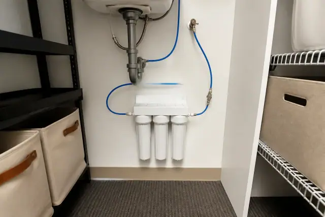 Under-sink water filter system installed in an office utility closet in Chandler, AZ.