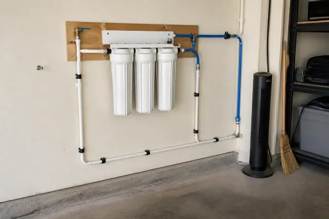 Under-sink water filter system installed on a wooden board in a garage in Tempe, AZ.