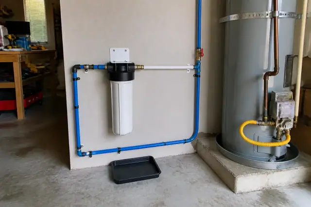 Under-sink water filtration system with PEX tubing installed in a Peoria, AZ garage next to the water heater.