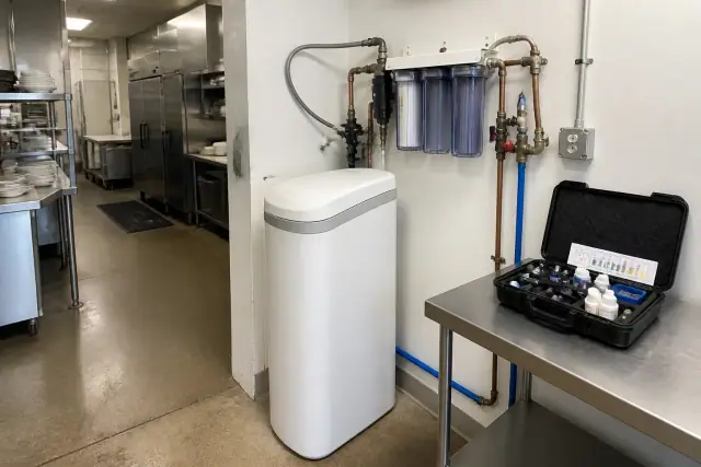 Water softener and filtration system installed in a restaurant utility room in Gilbert, AZ.