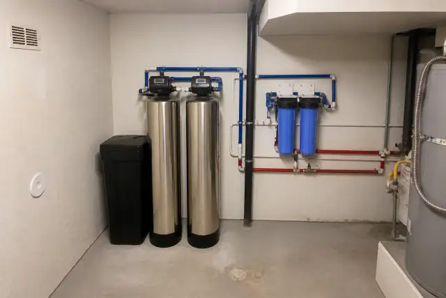 Water softener and filtration system with stainless steel tanks in a Glendale, AZ apartment mechanical room.
