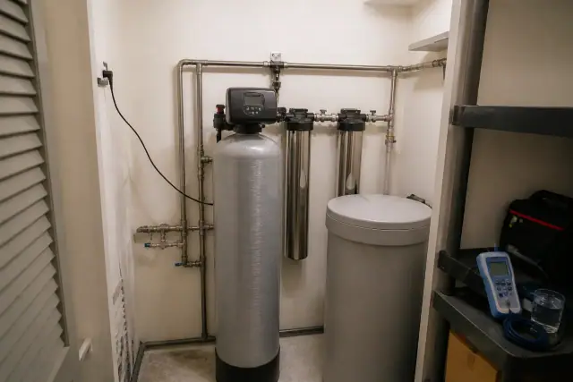 Newly installed water softener and filtration system in a Peoria, AZ utility closet.