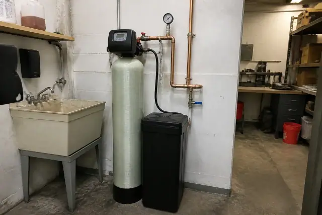 Water softener system installed with copper piping in a utility room in Peoria, AZ.