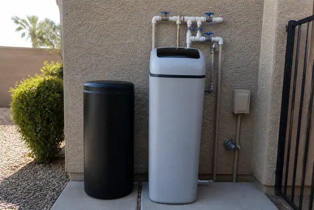 Water softener system with PVC piping installed against a stucco wall in a Phoenix, AZ backyard.