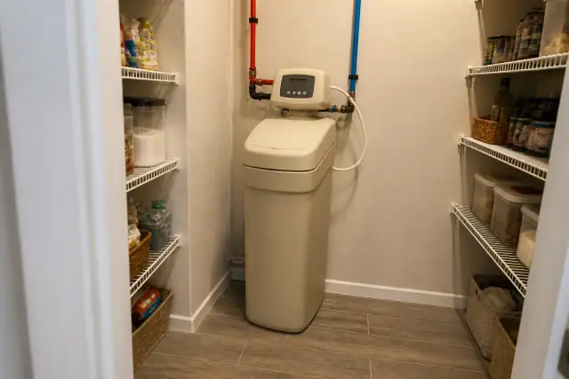 A water softener unit installed in a residential pantry in Tempe, AZ with visible PEX plumbing connections.