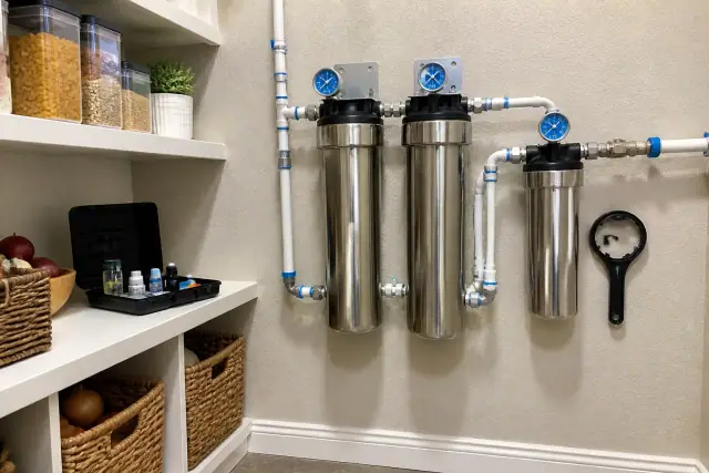 Whole-house water filtration system with stainless steel housings and blue gauges installed in a Tempe, AZ pantry.