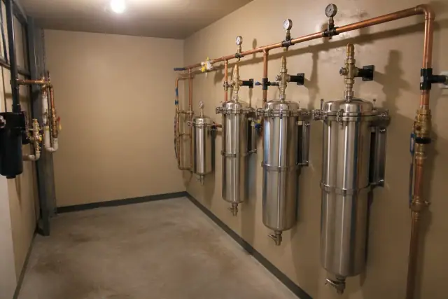 Industrial water filtration system installed in a mechanical closet in Tempe, AZ.