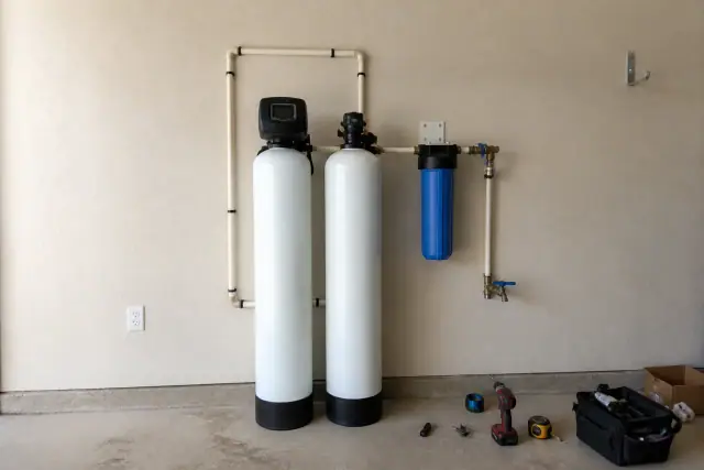 Whole-home water filtration system with two white tanks and blue filter installed on a garage wall in Tempe, AZ.