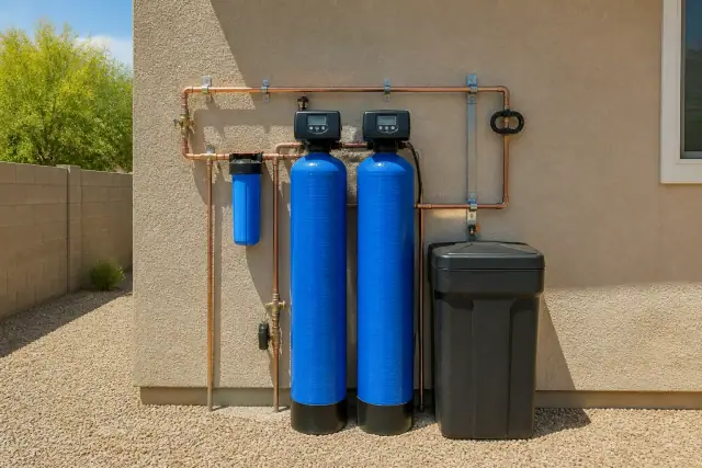 Whole house water filtration and softening system installed on a stucco wall in a Tempe, AZ backyard.