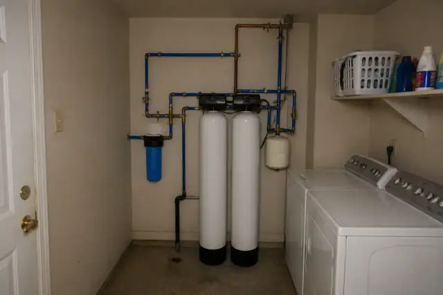 Whole-home water filtration system with two white tanks and blue piping in a laundry room in Tempe, AZ.