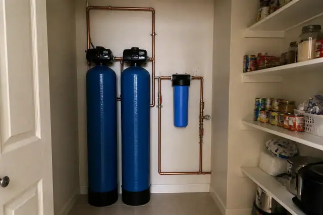 Whole-home water filtration system with blue tanks and copper pipes installed in a Glendale, AZ residential pantry.
