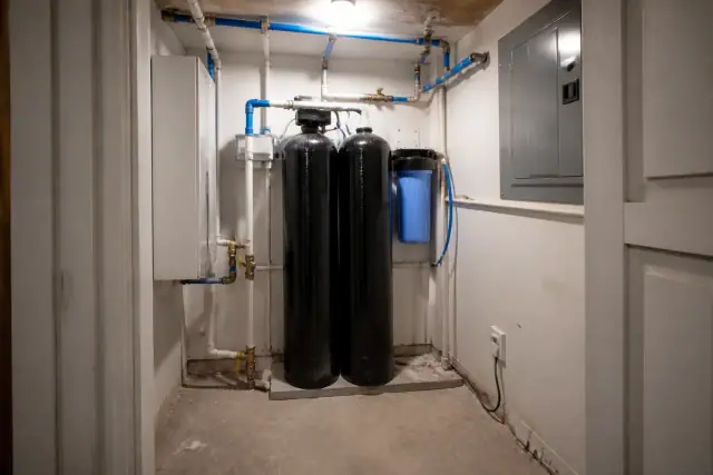 Carbon water filter tanks with blue and white PEX piping installed in an apartment utility closet in Tempe, AZ.
