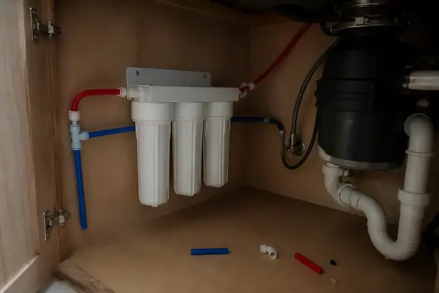 Whole-house water filtration system installed under a kitchen sink in a home in Tempe, AZ.